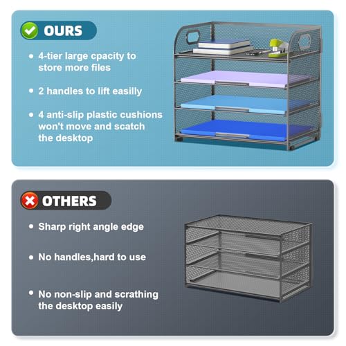 Marbrasse 4 Tier Paper Organizer Letter Tray - Mesh Desk File Organizer with Handle, Paper Sorter Organizer for Letter Office File Folder Holder (Grey, 12.6" x 9.1" x 10.7") - color: Gray