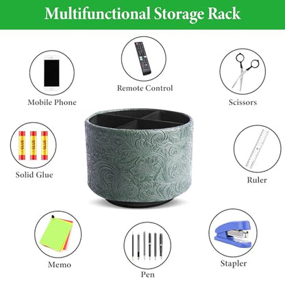 lizimandu Round Leather Art Supply Organizer,Remote Control Holder,360 Degree Spinning,Multi-Functional Pencil Holder,4 Compartments Desktop Stationary Organizer(1-Carved Cooper Green) - color: 1-Carved Cooper Green