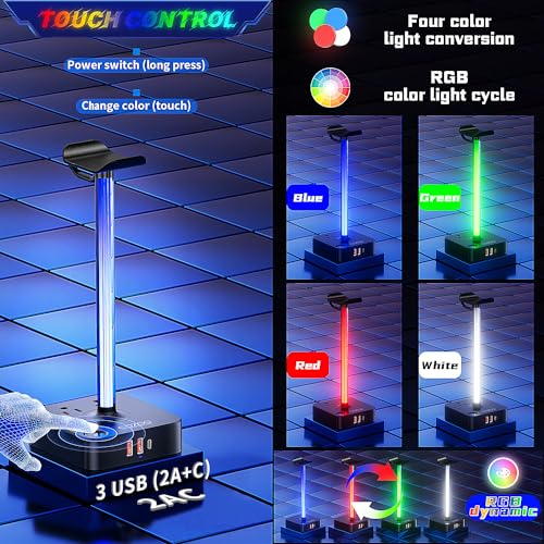 RGB Headphone Stand with USB Charger COZOO Desktop Gaming Headset Holder Hanger with 3 USB Charger and 2 Outlets - Great for Gaming, DJ, Wireless Earphone Display,Gamer PC Accessories Boyfriend Gifts - color: 2.Multi-LED lights