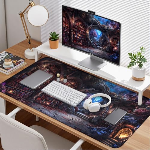 Dark Academia Desk Pad Library Desk Mat Witchy Mousepad XXL Large Gaming Mouse Mat for Office,Computer,Keyboard,Laptop and Home Desk Pad 31.5 X 15.7inch - color: A5- Mystic Library