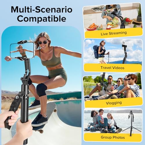 72'' Auto Face Tracking Selfie Stick Tripod Stand, Auto-Open 360° Rotatable Travel Four-Legged Stand for iPhone/Android with Remote, Gesture Control, No App for Vlogging, TK