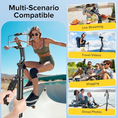 72'' Auto Face Tracking Selfie Stick Tripod Stand, Auto-Open 360° Rotatable Travel Four-Legged Stand for iPhone/Android with Remote, Gesture Control, No App for Vlogging, TK