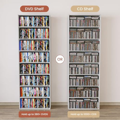 8 Tier DVD Storage Shelf, Wooden DVD Shelf Storage up to 280+ DVD or 1000+ CD, 8 Tier Media Tower for Bedroom, Living Room, 70.9" x 23.6" x 9", White