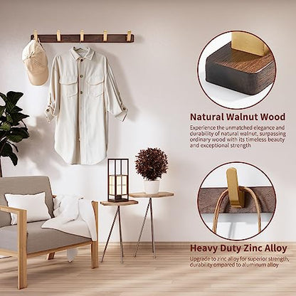 Wall Mounted Coat Rack, Entryway Hanging Coat Rack, Metal Wood Coat Rail with 5 Rustic Hooks Rail for Coat, Scarf, Bag, Towel, Key, Cap, Hat, Walnut Gold Matt - size: 5 Hooks - Curve Shape