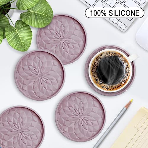 ME.FAN Silicone Coasters with Holder,[6 Pack] Drinking Coasters - Cup Mat for Hot or Cold Drinks, Thickened, Non-Slip, Non-stick,Deep Tray Pale Mauve - color: Pale Mauve