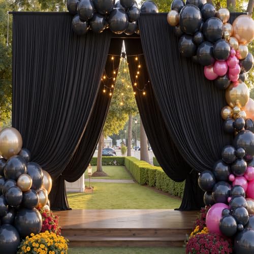 10ftx12ft Wrinkle Free Black Backdrop Curtain for Wedding Parties, 2 Panels 5x12 ft Long Silky Polyester Fabric Backdrop Drapes Black Photo Back Drop Cloth for Birthday Photography Background - color: Black, size: 12ft Long_2 Panels