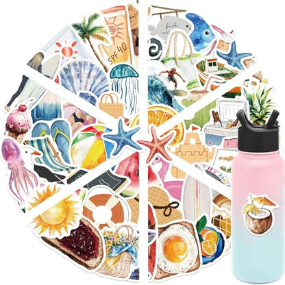 VSCO Beach Stickers for Teens & Adults, 50Pcs Ocean Stickers for Scrapbooking Water Bottles Laptop Notebook, Cute Waterproof Tropical Vinyl Decal for Girls Boys Bulk - style: Beach