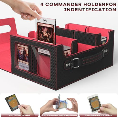 Commander Deck Box for MTG Fits 400+ Double-Sleeved Card Storage, 4 IN 1 Removable Card Case with Multi-purpose Deck Case, Display Window for TCG/PTCG/EDH, 4 Magnetic One Touch Holders(Black Red) - color: Black Red