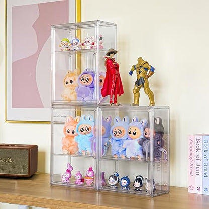 Acrylic Display Case Compatible with Labubu POP MART, 2 Pack Clear Display Cases for Figure Collectibles, Stackable Display Box with Magnetic Door - size: 2 pack