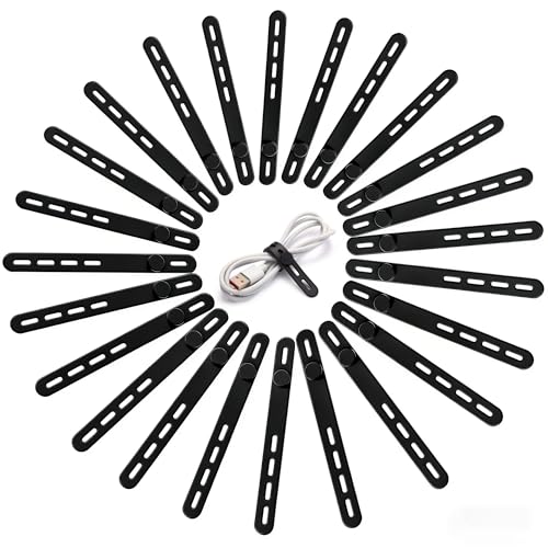 24 Pack Silicone Cable Ties, Cord Wrap for Home Office Travel Organizer | reusable, durable, adjustable, waterproof, elastic wire straps, multipurpose desk organization charger cord management holder - color: Black
