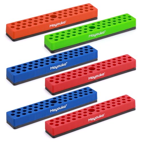 Mayouko 6PCS 1/4" Magnetic Hex Bit Holder Rack Organizer, 258 Holes, 1/4-Inch Drill Bit Holder, 6 Racks, Magnetic Bit Holder with Magnet Base for Screwdriver Bits - color: Red-2packs,blue-2packs,orange,green