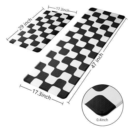 Black Retro Curvy Checkered Grid Checkerboard Kitchen Rug Sets [2 PCs], Anti-Fatigue, Waterproof Non-Slip Kitchen Mats Heavy Duty Ergonomic Comfort Foam Rug for Floor, Home, Laundry,17"x29"+17"x47" - color: Milkgrid-black, size: 17.3"x29"+17.3"x47"-0.4"H