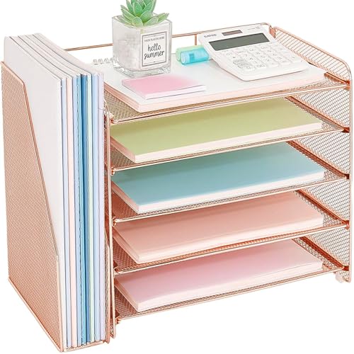 OPNICE Desk Organizer, 5-Tier Paper Organizer Letter Tray with Magazine Holder, Office Desk Accessories & Workspace Organizers, Desktop File Organizer for Office Supplies Storage, Rose Gold - color: Rose Gold, size: 15.5" x 9" x 10.3"