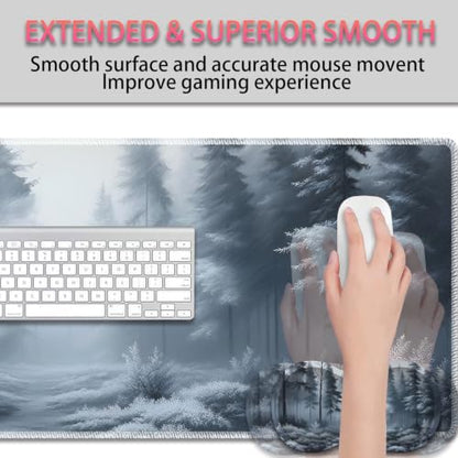 Large Gaming Mouse Pad + Wrist Rest+ Coaster Combo, 31.5 "x 11.8" Durable Non-Slip Extension Table Mat, Suitable for Office and Home, Fog Forest - color: Fog Forest