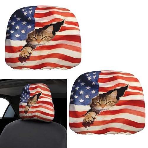 2 Pack Headrest Covers American Flag Head Seat Cover Accessories Funny Cat Pattern for Animal Lover - color: American Flag Red