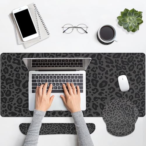Arttown Leopard Desk Mat Black Grey Leopard Mouse Pad Set 4 in 1 Ergonomic Design Large Mouse Pad + Keyboard Wrist Rest + Mouse Wrist Rest + Coaster Suitable for Home Office Study Game - color: Black Grey Leopard