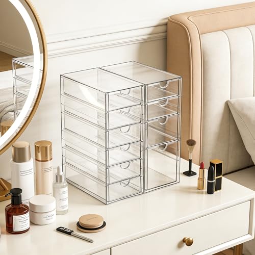 Prsildan Hair Accessories Organizer Acrylic Drawer with 10 Drawers | Clear, Craft Art Supply Storage, For Office Desk Bathroom Vanity Countertop, Set of 2 - style: 10 Drawers