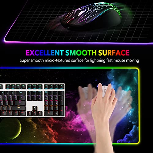 AIMSA Large RGB Gaming Mouse Pad, Keyboard Mousepad Led Extended 35.4 x 15.8 inch Non-Slip Rubber Base with 14 Lighting Modes, Big Desk Mat Waterproof, Nebula Universe - color: Nebula Universe