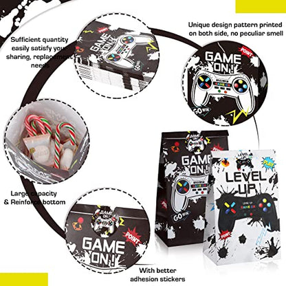 Geosar 30 Pack Video Game Party Favor Paper Bags Game on Goodie Candy Gift Bags with 30 Stickers Level up Reusable Goodie Treat Snacks Supplies for Boys Kids Gaming Birthday Party(White, Black) - color: White, Black