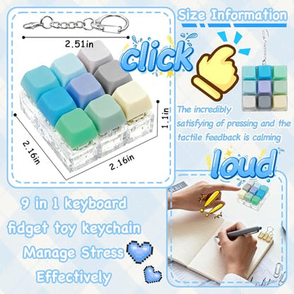 Keyboard Fidget Toy, Keyboard Keychain Fidget Toys, 9-in-1 Clicker Fidget Toy, Stress Relief Desk Decompression Button, Anxiety Relief Valentine's Day Gifts (9 Color-Blue Green) - color: 9 Color-blue Green