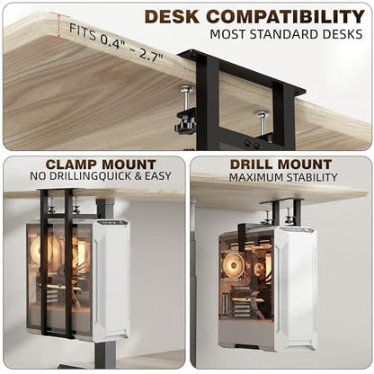 Adjustable Under Desk PC Mount, Clamp & Drill CPU Holder, 66LBS Capacity with Anti-Fall Baffle & Anti-Slip Pads for Standing Desk, Black