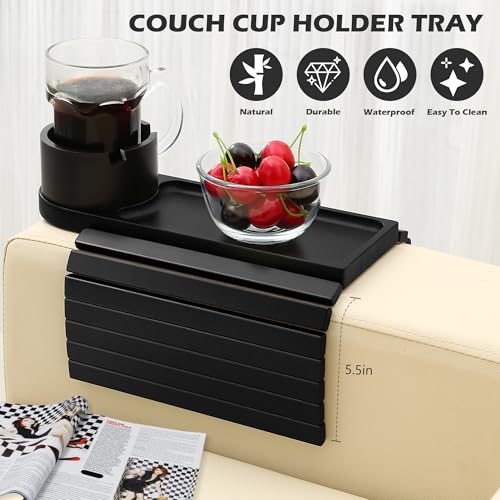 Couch Cup Holder Tray, 15.75" Bamboo Cup Holder for Couch, 3 in 1 Foldable Arm Chair Clip on Side Tray Table for Remote Snack Table on Armrest - color: Black