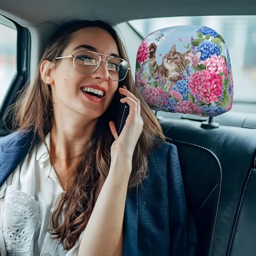 Funny Headrest Covers for Car Universal Lovely Cat Pattern Head Rest Cover for Women - color: Hydrangea Cat Blue