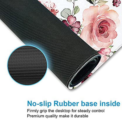 Extended Desk Mat (31.5x11.8 inch 3mm Thick), iDonzon Soft Cute Extra Large XXL Waterproof Gaming Mouse Pad with Non-Slip Rubber Base & Stitched Edges, for Working/Game, Peony Flowers - color: Pink