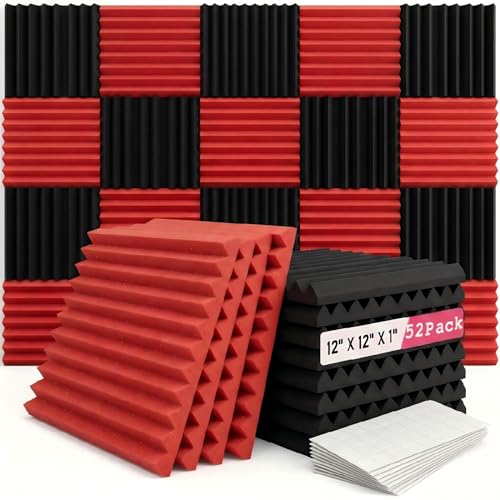 52 Pack Black/red 12 "X 12 "X1" Acoustic Panels Studio Soundproofing Foam(Accompanied By Double-Sided Adhesive Tape) - color: Black/red