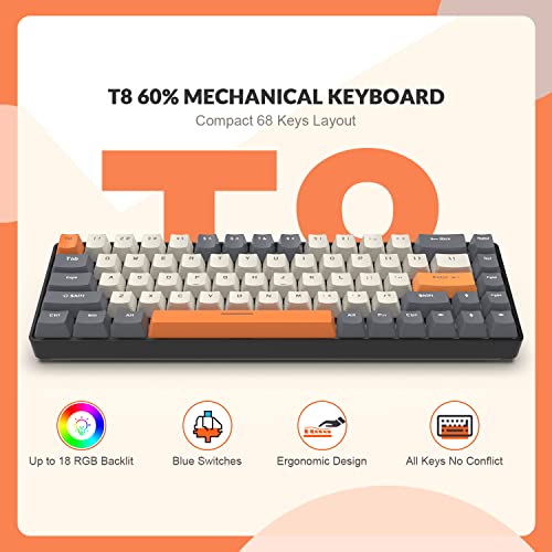 ZIYOU LANG RK-T8 Wired 65% Mechanical Gaming Keyboard with RGB LED Backlit Anti-ghosting TKL Mini 68 Key Custom Coiled C to A Cable Tactile Blue Switch for PS4 PS5 Xbox PC Mac Gamer(Dark Gray/White) - color: Dark Gray White, size: 65% Keyboard