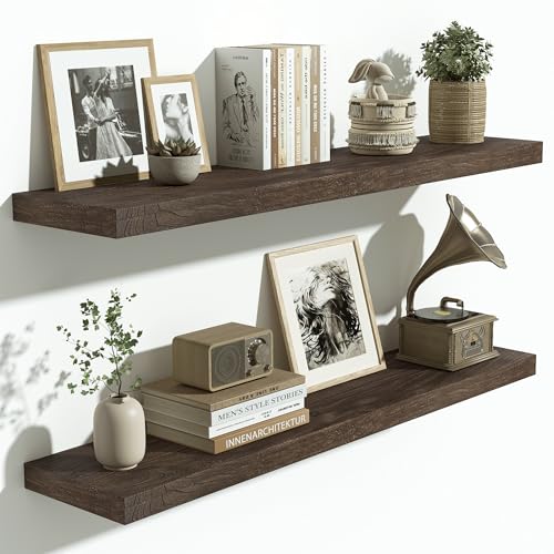 Flat Edge Elm Wood Floating Shelf with Invisible Bracket 36”American Walnut - color: American Walnut, size: 36”,set of 2