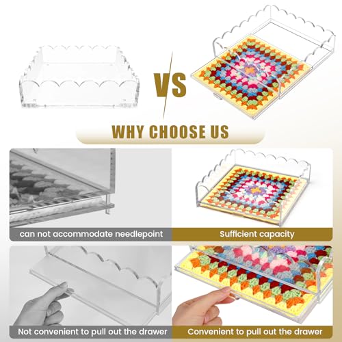 Scalloped Acrylic Tray, 7" x 7" Clear Acrylic Tray with Insert Drawer | Durable Acrylic, Modern Desk Decor Gift, Acrylic Trays for Needlepoint insert, Photos, Art, Fabric, Napkin, Jewelry Organizer - size: 7" x 7" x 2.4"