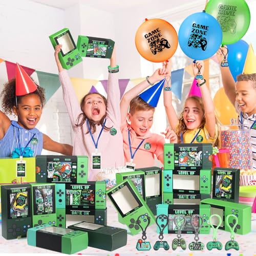 243 Pcs Video Game Party Favors for 24 Kids Gamer Goodie Bag Stuffers for Boys Gaming Birthday Party Supplies with Gift Boxes, VIP Pass, Balloons, Bracelets, Keychains, Badges, 3D Stickers - color: Green
