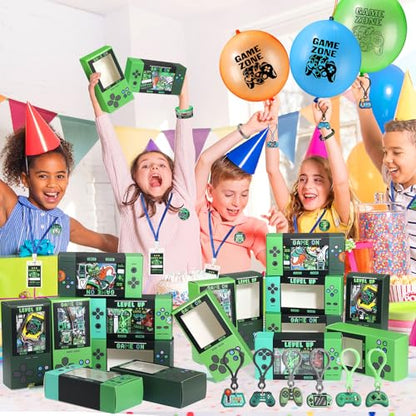 243 Pcs Video Game Party Favors for 24 Kids Gamer Goodie Bag Stuffers for Boys Gaming Birthday Party Supplies with Gift Boxes, VIP Pass, Balloons, Bracelets, Keychains, Badges, 3D Stickers - color: Green