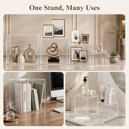 DomeStar 6PCS Clear and White Buffet Risers with Mini Sign, Food Risers Dessert Table Display Set for Buffet Table Party Catering Cupcake Cake Jewelry, Nesting Boxes for Food Display 8" 7" 6" 5" 4" 3" - color: Transparent