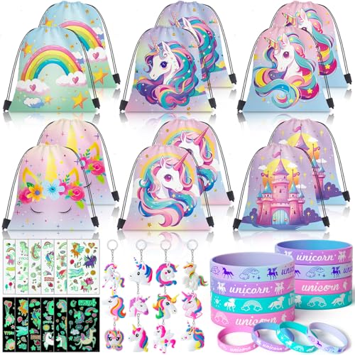SNLN 12 Sets Unicorn Party Favors Birthday Supplies for Girls Kid, Drawstring Bag Silicone Bracelet Tattoo Sticker Keychain Goodie Bag Stuffer Filler Unicorn Birthday Decorations Girls Party Favors - style: Unicorn