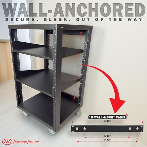 AxcessAbles 16U Open Frame Network & AV Rack with Caster Wheels, Two 2U Shelves, 10-32 & Cage Nut Compatible Rails, Cage Nuts, Screws, Cage Nut Tool & Wall Mount Kit | 19-Inch Equipment Rack - size: 16U - 2 Shelves