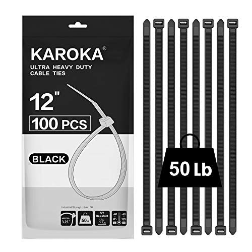 Zip Ties 12 inch (100 Pack), Black, 50 lb, UV Resistant Cable Ties for indoor and outdoor use, by Karoka - size: 12" (100 Pack)
