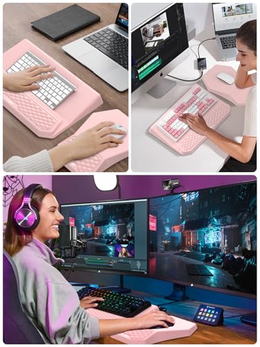 3-in-1 Ergonomic Keyboard Stand with Wrist Rest & Mouse Pad Set, Comfy Keyboard Riser Holder Soft Mousepad with Massage Design, Memory Foam and Non-Slip PU Base for Pain Relief, Pink - color: Light Pink