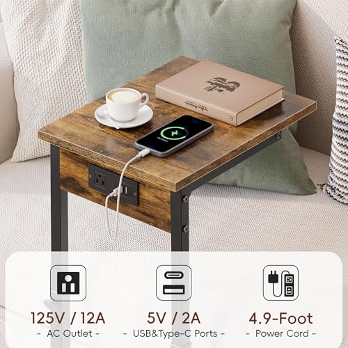 Vagusicc C Shaped End Table with Charging Station, 33"Tall Side Table for Couch, C-Table End Table Adjustable Height Side Table,Slide Under Couch Table TV Tray Table for Sofa,Living Room,Bedroom,Brown - color: Rustic Brown, style: Charging Station