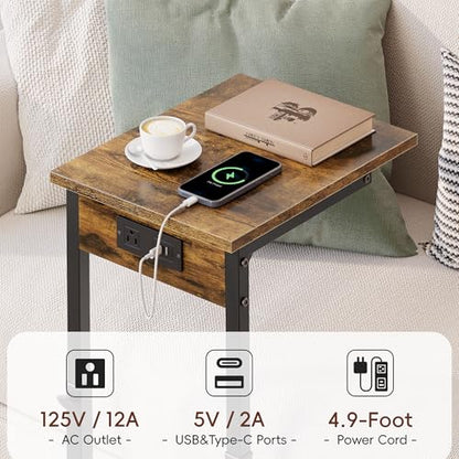 Vagusicc C Shaped End Table with Charging Station, 33"Tall Side Table for Couch, C-Table End Table Adjustable Height Side Table,Slide Under Couch Table TV Tray Table for Sofa,Living Room,Bedroom,Brown - color: Rustic Brown, style: Charging Station
