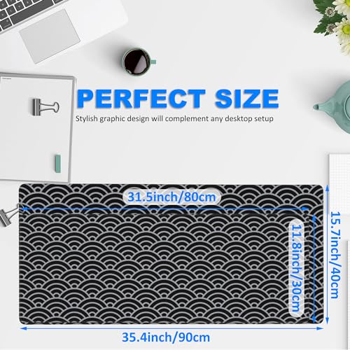 Desk Pad, Black and Silver Fan-Shaped Waves Extended Gaming Mouse Pad Large, 31.5"x11.8" Big Mouse Pad with Non-Slip Base and Stitched Edge, Long Computer Keyboard Mouse Mat for Home Office Work - color: Silver Black Waves, size: 31.5"x11.8"
