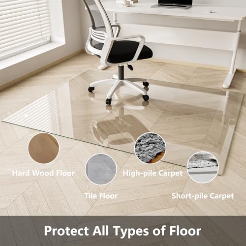 Koonmi Glass Chair Mat for Carpet, Tempered Glass 50"x65" Office Chair Mat, Glass Chair Mat with Rounded and Polished Edges, 4 Non‑Slip Pads, Smooth Rolling for Carpet Hardwood Floor Protection - color: Transparent, size: 50"x65"