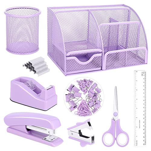 Purple Mesh Desk Organizer and Accessories, Purple Office Supplies 7 Compartments Desk Organizer with Stapler,Tape Dispenser,1000 Staples,Pen Holder,Staple Remover,Clips,Ruler,Scissors - color: Purple