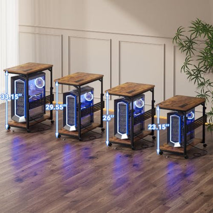 Besiost Computer Tower Stand with Power Strips, 4 Levels Manual Height Adjustable PC Tower Stand for Under Desk, Mobile Rolling CPU Holder, Computer Cart with Wheels, 24", Rustic Brown - color: Rustic Brown, size: 24"