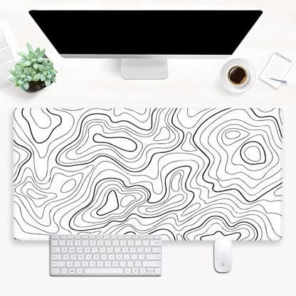 Topographic Desk Mat XL, White and Black Gaming Mouse Pad, Stitched Edges | Minimalist XL desk pad with an abstract black and white topographic print and premium anti-slip rubber backing. - color: White Topographic