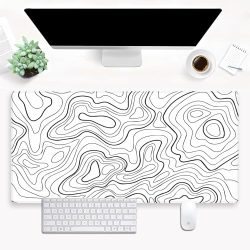Topographic Desk Mat XL, White and Black Gaming Mouse Pad, Stitched Edges | Minimalist XL desk pad with an abstract black and white topographic print and premium anti-slip rubber backing. - color: White Topographic