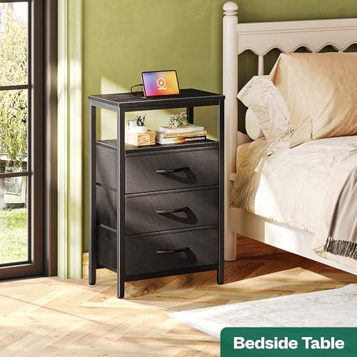 Huuger Nightstand with Charging Station, 27.6 Inch Side Table with Fabric Drawers, End Table Bedside Table with USB Ports and Outlets, Night Stand for Bedroom, Black - color: Black, size: 11.8"D x 15.7"W x 27.6"H (3 Drawers)