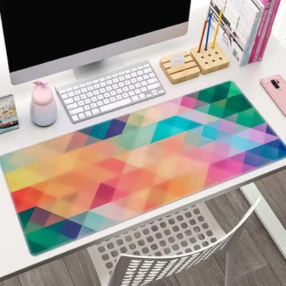 Colorful Triangles Print Desk Mat Large Gaming Mouse Pad XL Extended Mousepad Desk Pad Big Keyboard Pad Desktop Mouse Mat 31.5"x11.8" Deskmat for Gamers with Stitched Edges Non-Slip Rubber Base - color: Colorful Triangles Print
