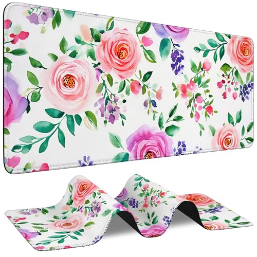 Mouse Pad for Gaming Watercolor Floral Pink Roses Big Gaming Mousepad Large Extended Mouse Mat Non-Slip Rubber Base Desk Pad with Stitched Edges for Office Gamer Home 35.4"X 15.7" - color: Sunlight Misty Forest